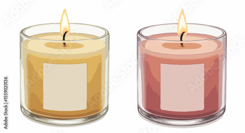 Two photorealistic scented candles in modern glass jars, in yellow and pink wax colors, for spa product mockup, with blank labels and space for text