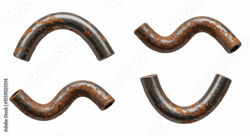Set of rusty curved metal pipes in a realistic style, in grungy brown and orange tones, for industrial themes
