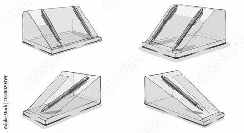Isolated Images. Transparent acrylic pen holders in a realistic sketch style in monochrome tones for office and store display, with spaces for text