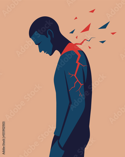With each passing day the persons silhouette seemed to be deteriorating the deepening stress fractures a glaring reminder of the urgent need for selfcare.. Vector illustration