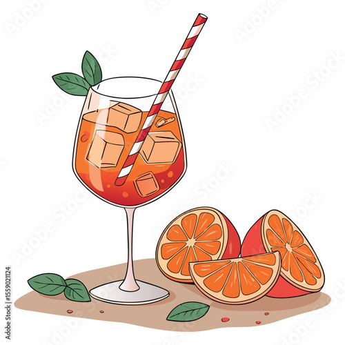 An spritz cocktail with ice and orange slices in a wine glass, isolated on white background