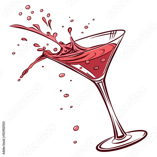 A red cocktail splashing out of a martiniglass, isolated on white background