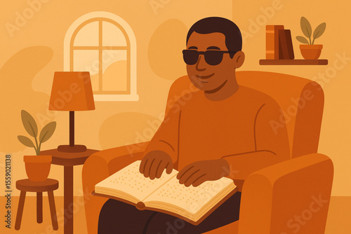  Blind Man Reading Braille Book in Cozy Living Room Warm Positive Flat Vector Illustration