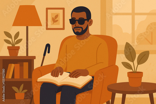  Blind Man Reading Braille Book in Cozy Living Room Warm Positive Flat Vector Illustration