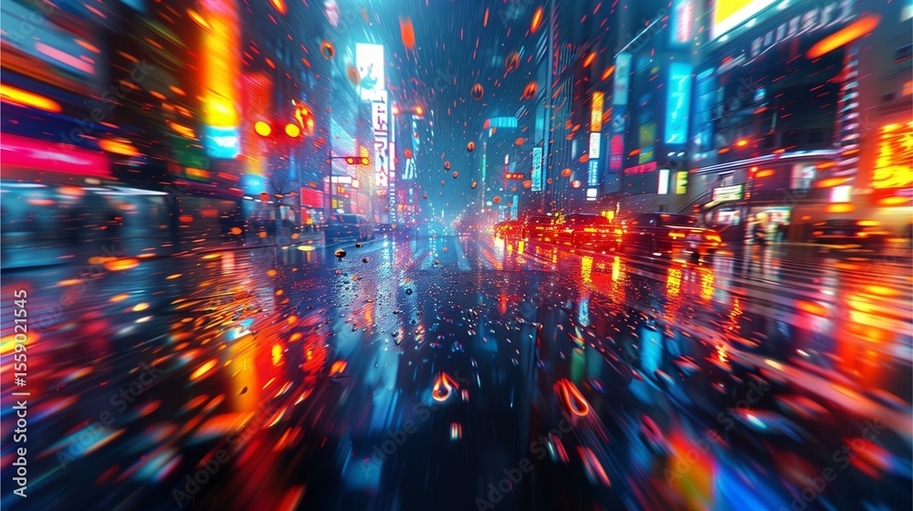 a dazzling cityscape at night with bright lights reflecting on wet pavement, evoking a sense of vibrancy and movement a dazzling cityscape at night with bright lights reflecting on wet pavement, evoking a sense of vibrancy and movement