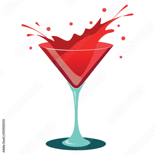 Red cocktail splashing from a martiniglass, isolated on white background