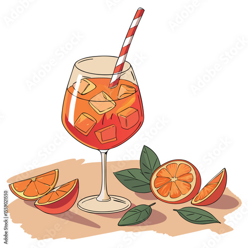A refreshing spritz cocktail in a wine glass with orange slices and ice, isolated on white background
