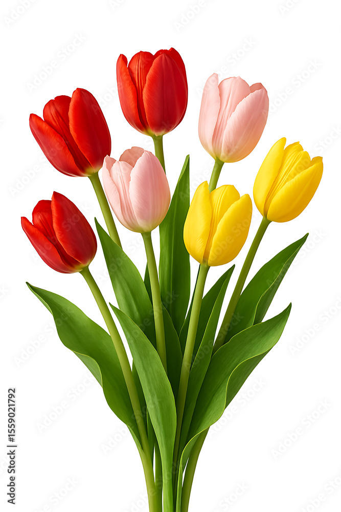 Obraz premium Colorful Tulip Bouquet with Green Leaves on Transparent Background