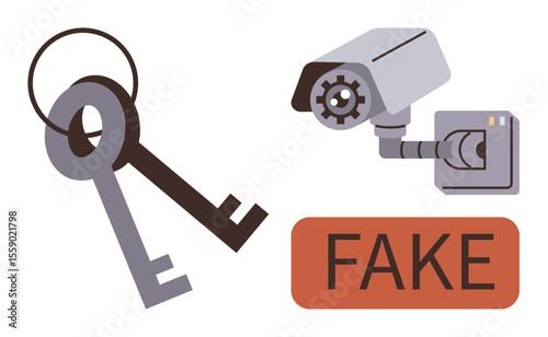 Keys, security camera, and fake sign explore safety, access control, surveillance, and deception. Ideal for security systems, privacy, fraud alert access management identity technological ethics