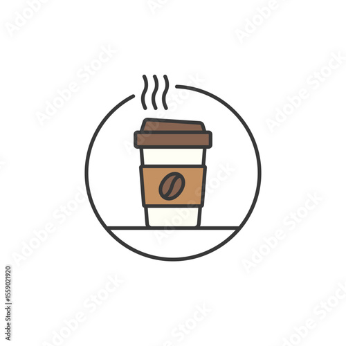 A takeaway cup icon with rising steam, clean lid, and bean-stamped sleeve, captures the essence of grab-and-go brews, warm mornings, and everyday café moments