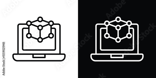 Computer simulation icon in thin stroke and flat style.