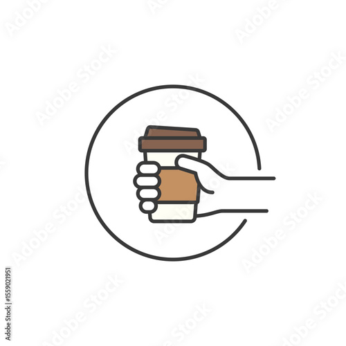 A minimalist icon of a hand clutching a lidded coffee cup captures mobility, caffeine culture, and street-side charm for cafés targeting busy urban sippers and daily commuters