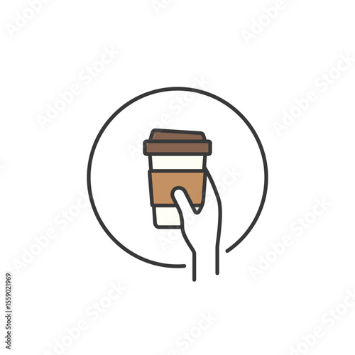 Minimalist icon of a hand grasping a to-go latte cup, perfect for branding cafés, espresso bars, or mobile coffee services