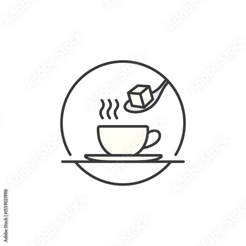 A stylized sugar cube hovers above a steaming mug, spoon poised mid-air signaling sweetness, cozy rituals, and café charm steeped in thoughtful detail and inviting design