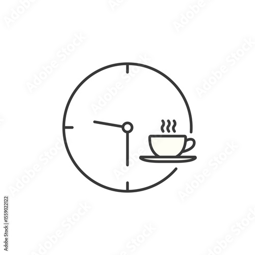 Minimal icon of a clock paired with a steaming cup, ideal for promoting café happy hours, morning brews, or daily coffee breaks, optimized for time-based coffee shop trends