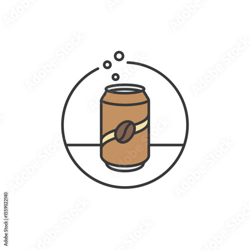 Icon of a fizzy coffee soda can with bold bean emblem, ideal for cafés offering cold brews, sparkling coffee drinks, and ready-to-drink options, optimized for trending beverage keywords
