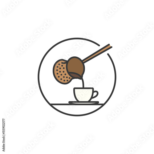 Stylized icon of a cezve pouring into a demitasse, perfect for café menus highlighting Turkish coffee, traditional brewing methods, and rich cultural espresso alternatives