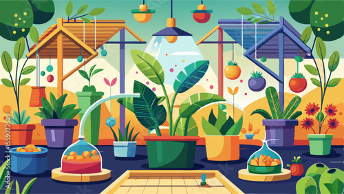 Colorful garden scene with various potted plants, grow domes, irrigation, and propagation systems under artificial lighting