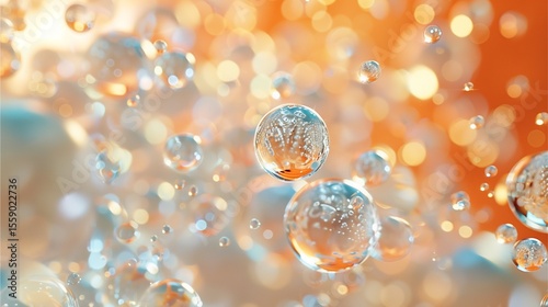 An abstract close-up view of many sparkling bubbles against an orange background, with a dreamy and soft aesthetic.