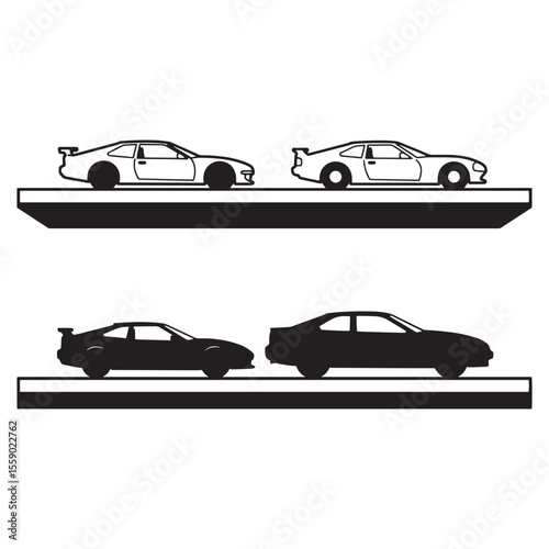 Black and white graphic illustration of four cars displayed on platforms ready for transport or display.