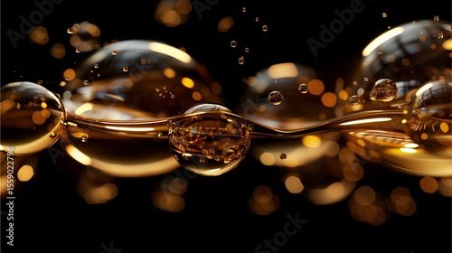 Abstract macro shot of bubbles floating in a golden liquid, illuminated against a dark background