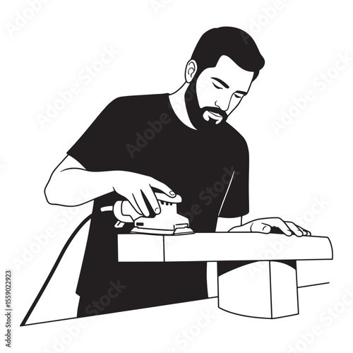 Black and white illustration of a carpenter sanding a wooden plank with power tools.
