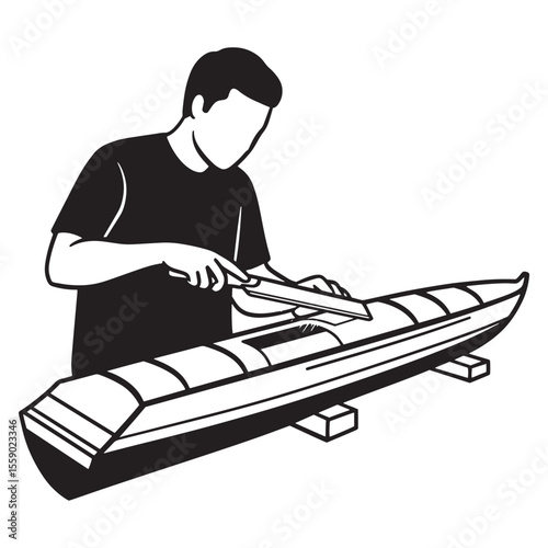 Black and white illustration of a person crafting a wooden boat using a chisel