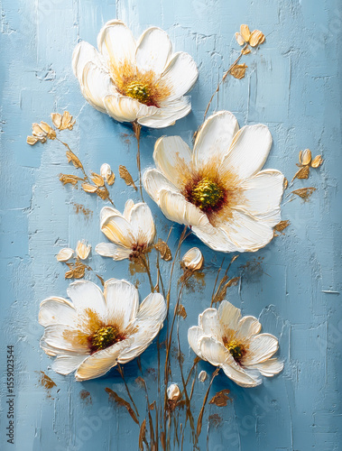 White petals, flowers painted with mastichin on blue background. Abstract oil painting