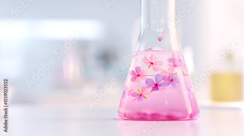 Floral Infusion: Pink blossoms in a glass flask, embodying scientific aesthetics and nature's beauty