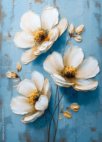 White petals, flowers painted with mastichin on blue background. Abstract oil painting