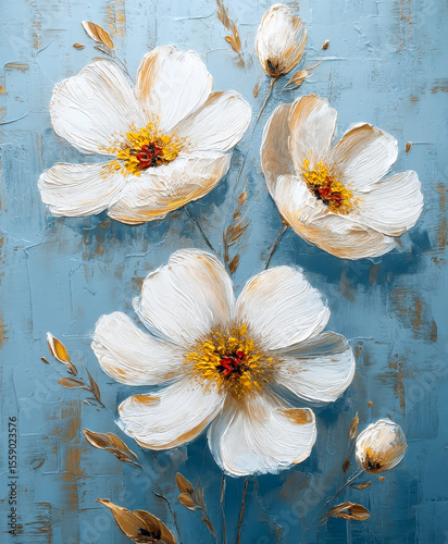 White petals, flowers painted with mastichin on blue background. Abstract oil painting