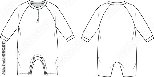Technical flat sketch of a long-sleeve baby romper with a henley neckline and snap closure at the crotch, ideal for infant apparel design and pattern making.