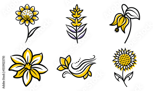Collection of stylized yellow and black floral illustrations showcasing various flower designs for use in design projects and compositions