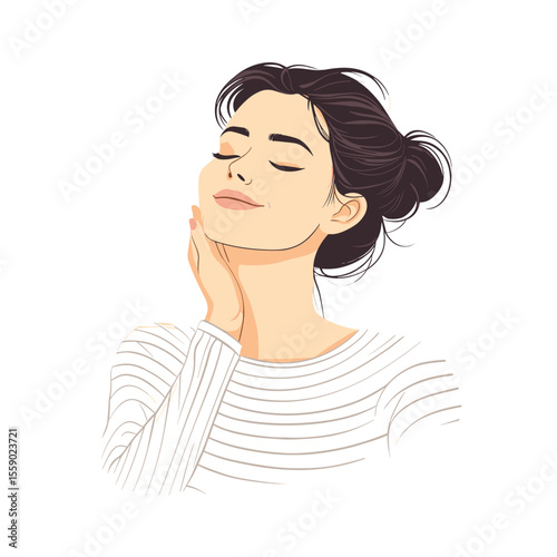 Relaxed woman with closed eyes touching face in white sweater
