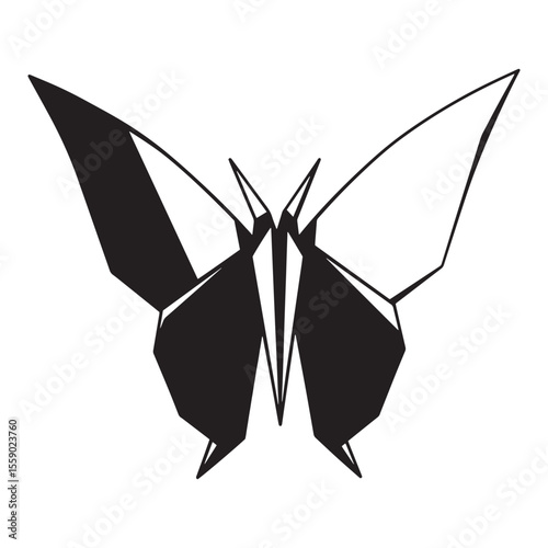 Geometric black and white origami butterfly isolated on a clean white background