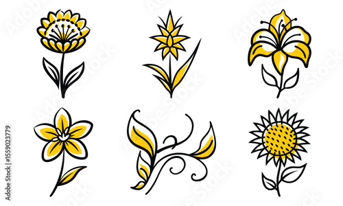 Collection of hand drawn yellow floral elements featuring different flower illustrations and decorative leaves isolated on white background