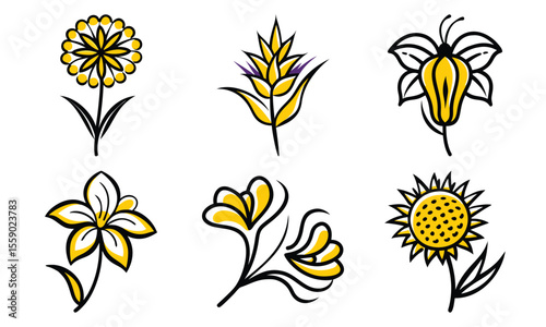 Vector illustration featuring hand-drawn vibrant yellow flowers with black outlines offering a collection of unique floral designs