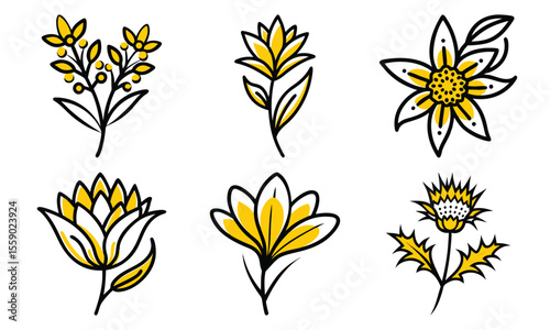 Decorative floral designs showcasing various yellow flowers and leaves in a simple outline and fill illustration style.