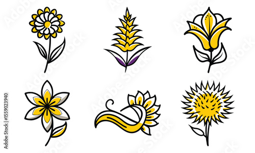 Six hand drawn floral elements in yellow and black outlines perfect for botanical designs and creative decorative projects