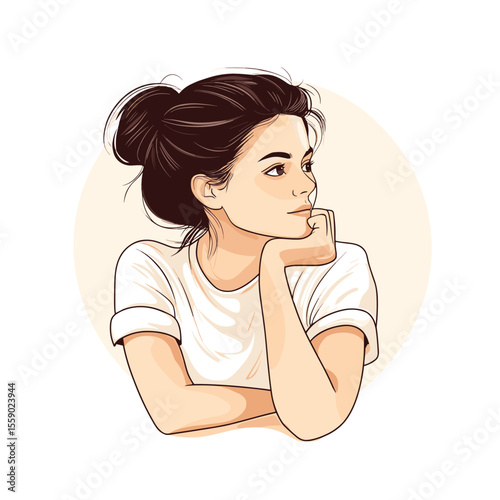 Thoughtful woman resting chin on fist in minimalist illustration