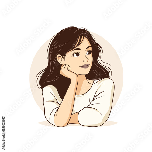  Smiling woman resting chin on hand in casual pose illustration