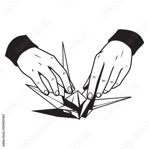 Hands folding origami crane in a modern black and white graphic illustration