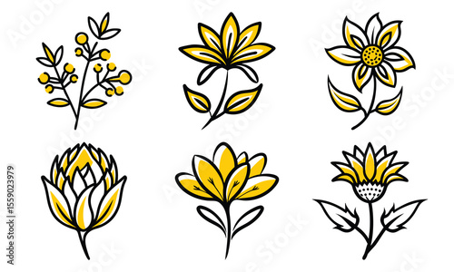 Collection of hand drawn line art yellow flowers and plants vector illustrations set isolated on white background