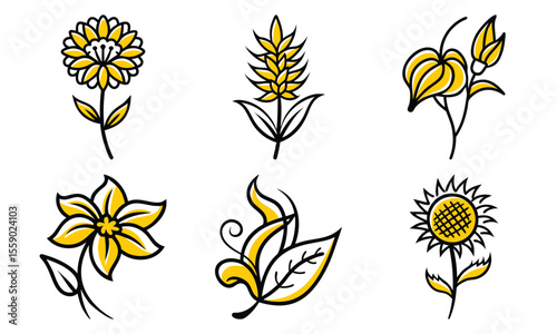 Collection of vector illustrations featuring various yellow flowers in simple linear outline style for design projects