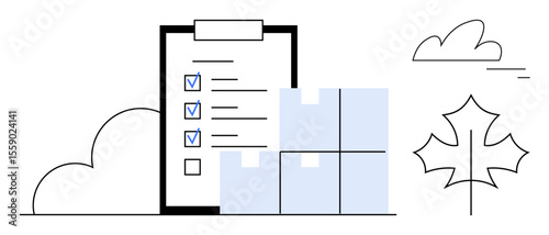Checklist on clipboard with three checkmarks, four stacked boxes, clouds, and a maple leaf. Ideal for logistics, inventory, delivery, supply chain, eco-friendly business organization simple landing