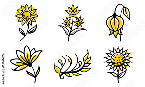 Set of six stylized hand-drawn floral illustrations featuring various botanical elements in a simple line art style