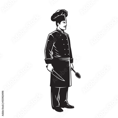 Professional chef in uniform holding knife and spoon illustration for culinary concepts
