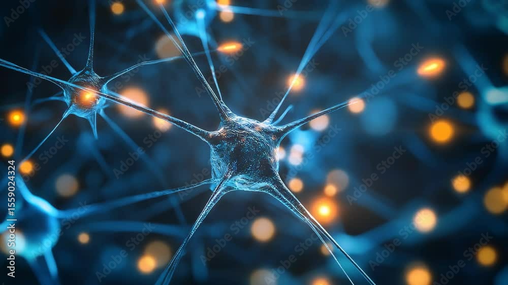 An abstract depiction of a neural network, showcasing interconnected blue cells transmitting orange signals. Highlights the complexity and intricate communication within biological systems.
