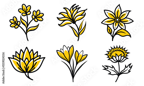 Vector illustrations of six different yellow flowers with black outlines perfect for botanical themed design projects