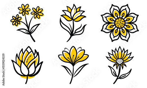 Simple floral vector graphics collection showcasing yellow flowers with black outlines on a plain white background
